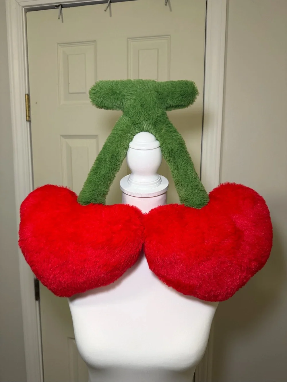 Giant Plush Cherry Pillow - Red and Green Faux Fur Home Accent Decor